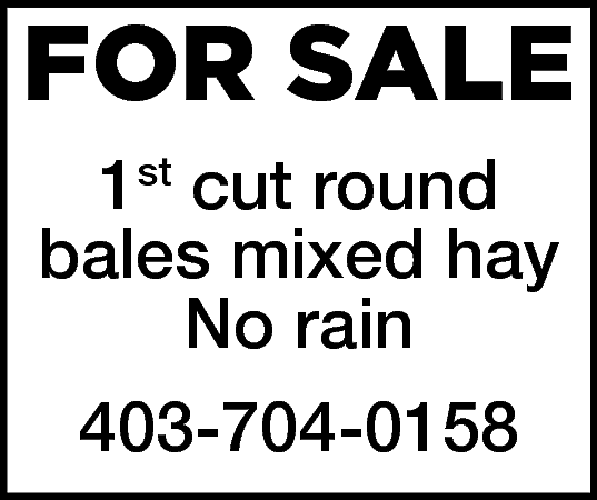 FOR SALE <br>1st cut round  FOR SALE  1st cut round  bales mixed hay  No rain  403-704-0158    