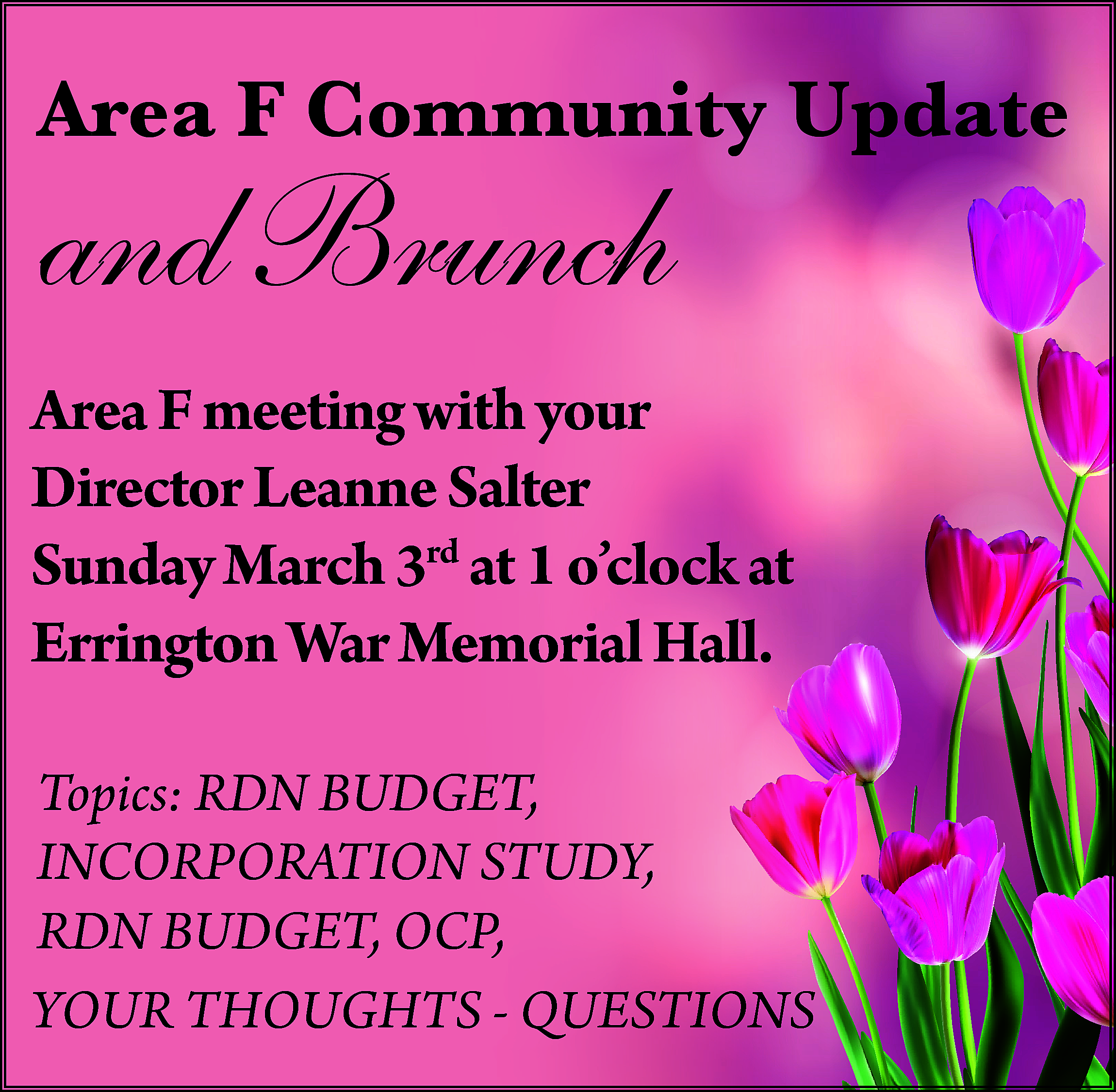 Area F Community Update <br>  Area F Community Update    and Brunch    Area F meeting with your  Director Leanne Salter  Sunday March 3rd at 1 o’clock at  Errington War Memorial Hall.  Topics: RDN BUDGET,  INCORPORATION STUDY,  RDN BUDGET, OCP,  YOUR THOUGHTS - QUESTIONS    