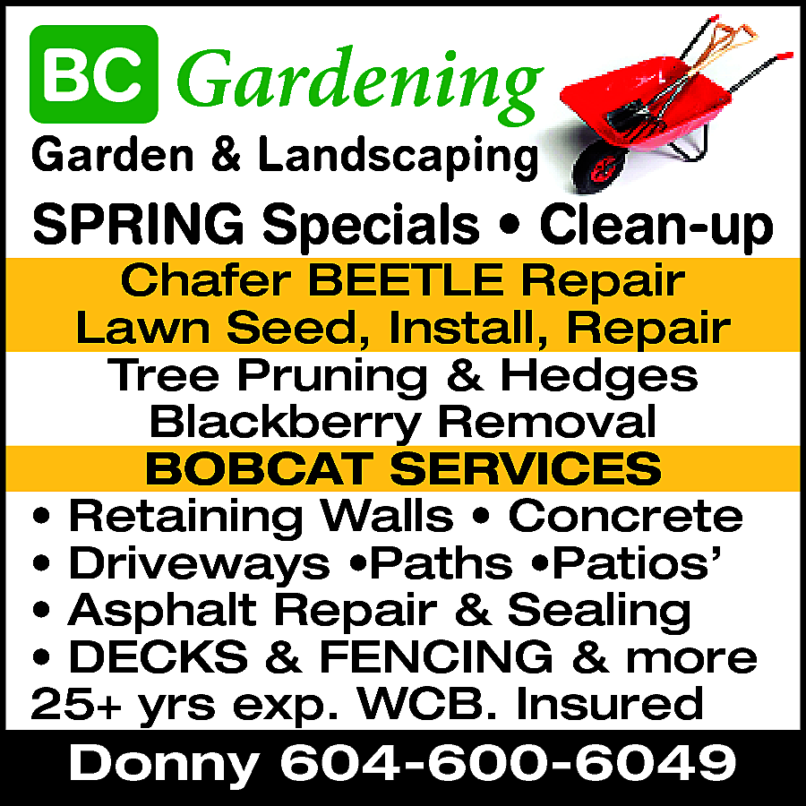 Garden & Landscaping Clean-ups. Chafer  Garden & Landscaping Clean-ups. Chafer BEETLE Repair. Tree Pruning & Hedges. Blackberry Removal. BOBCAT SERVICES. Retaining Walls. Concrete. Driveways. Patios. Asphalt Repair & Sealing. DECKS & FENCING & more. 25+ yrs exp. WCB. Insured. Donny 604-600-6049